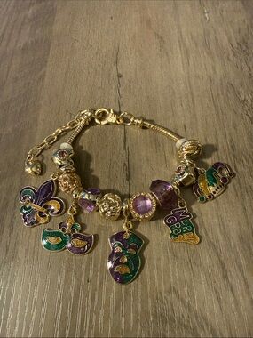 Gold-Tone Mardi Gras Charm Bracelet with Purple and Green Enamel